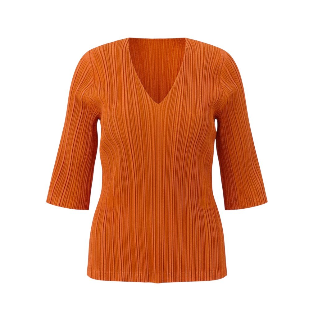 44k28 PLEATS PLEASE プリーツプリーズ 半袖カットソー Vネック 五分袖 スリット トップス PP43-JK452 3サイズ オレンジ レディースo07t