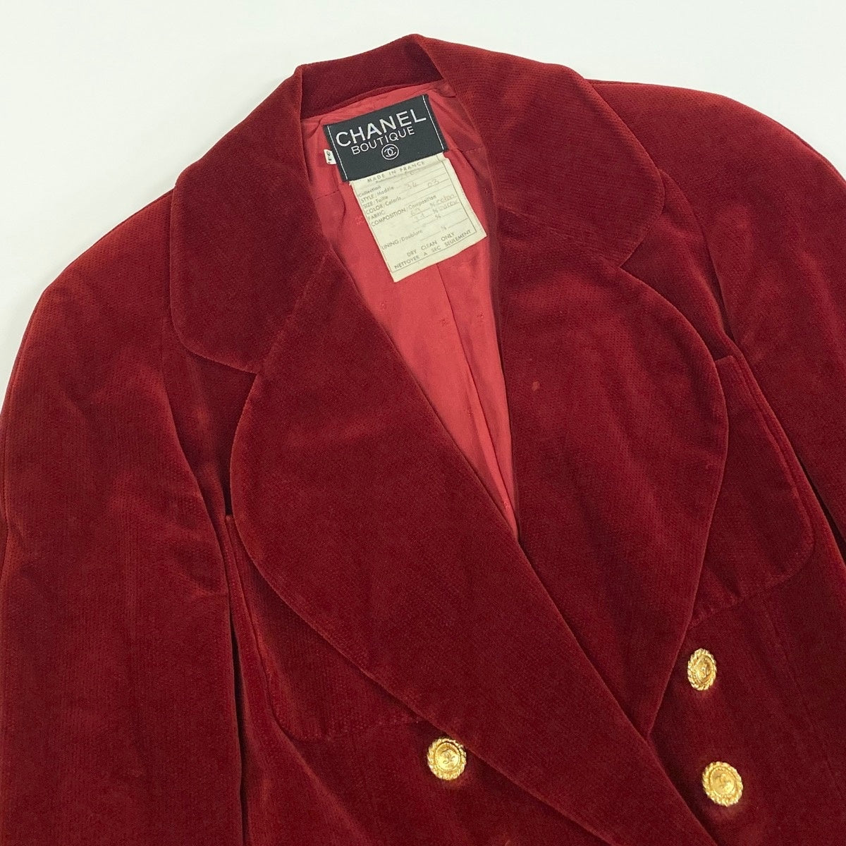 Cf29 CHANEL BOUTIQUE シャネル 1986年 ベルベットジャケット ココマーク 金ボタン ダブルブレスト サイズ34 レッド レディースta1