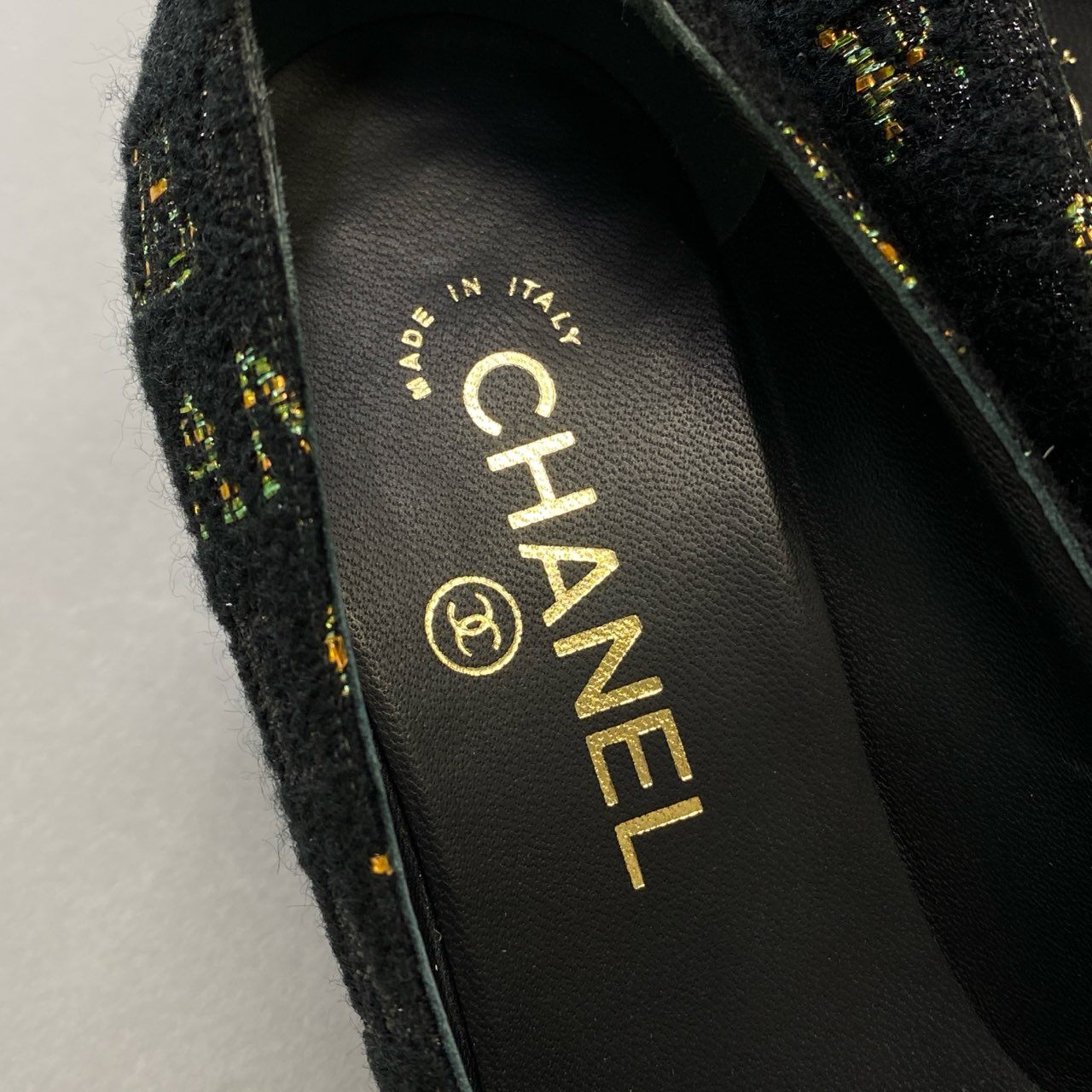 1h15《美品》 CHANEL シャネル TWEED PATENT RIBBON PUMPS ココマーク リボン ツイードラメパンプス G31387 36 1/2 ブラック 箱 保存袋付きt18r