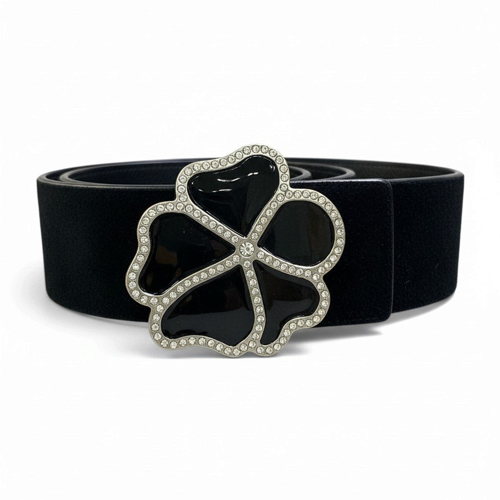 j15 SAINT LAURENT スウェードベルト クローバー ラインストーン イタリア製 ブラック レザー レディース 女性用k02i