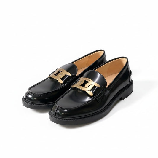 g31 TOD’S ケイト レザー ローファー チェーンモチーフ イタリア製 38サイズ ブラック レザー レディース 女性用k02i
