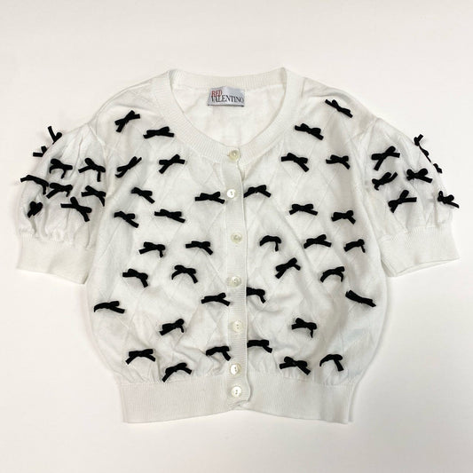 7i25 《美品》RED VALENTINO レッドヴァレンティノ 半袖カーディガン ニットカーディガン ボレロ リボン Sサイズ ホワイト ブラック レディースk02i