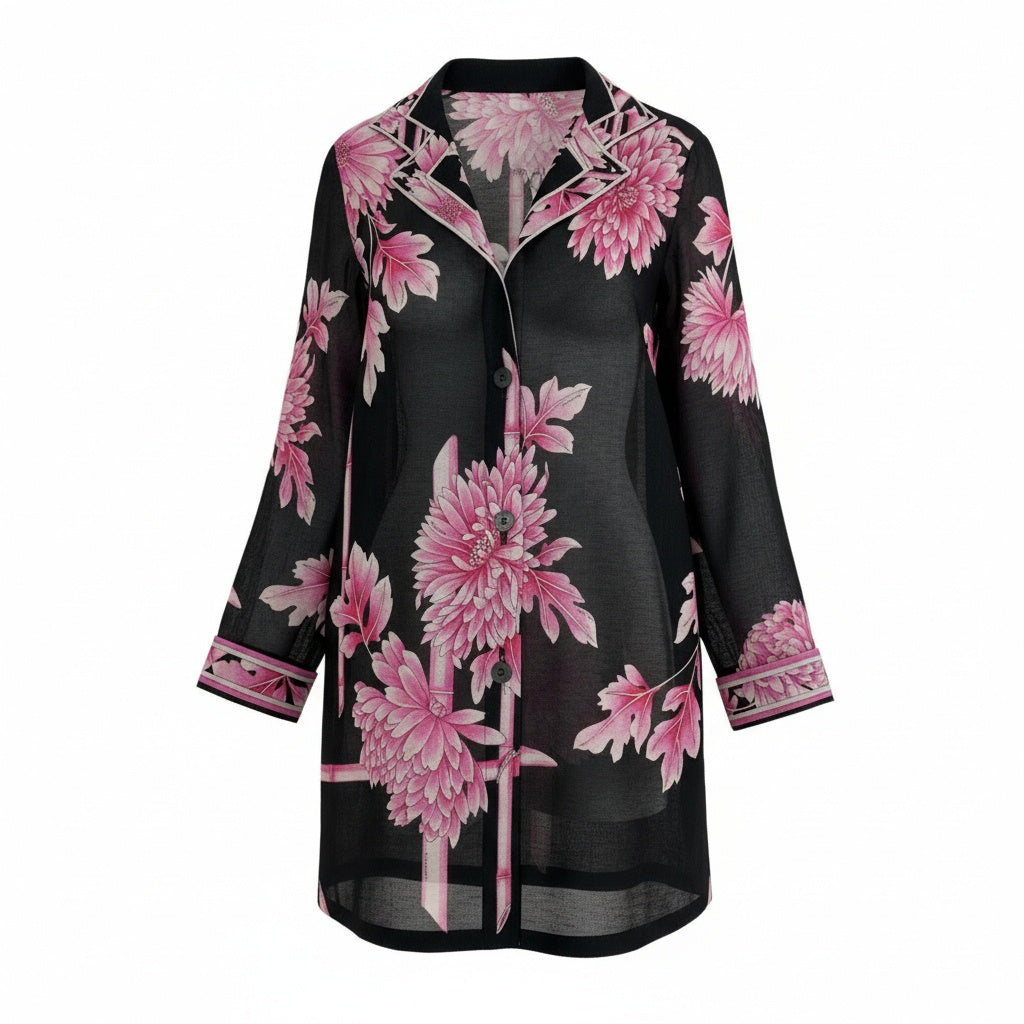 59b22 【美品】 LEONARD FASHION レオナール シアージャケット シャツジャケット 美しい花柄プリント レディース 女性服 11R ブラック ピンク コットン100％u02t