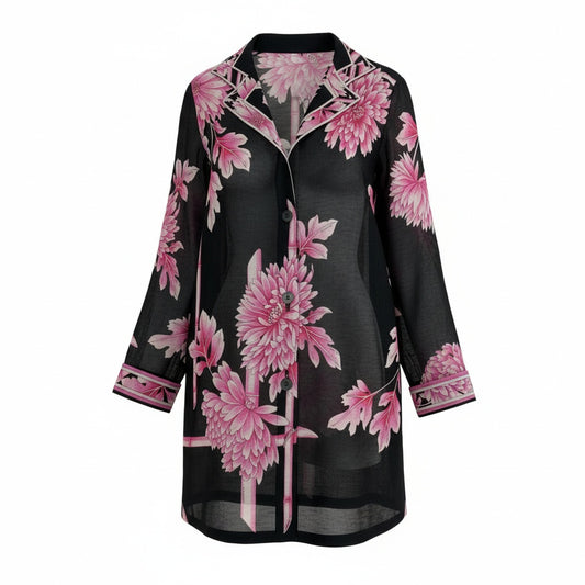 59b22 【美品】 LEONARD FASHION レオナール シアージャケット シャツジャケット 美しい花柄プリント レディース 女性服 11R ブラック ピンク コットン100％u02t