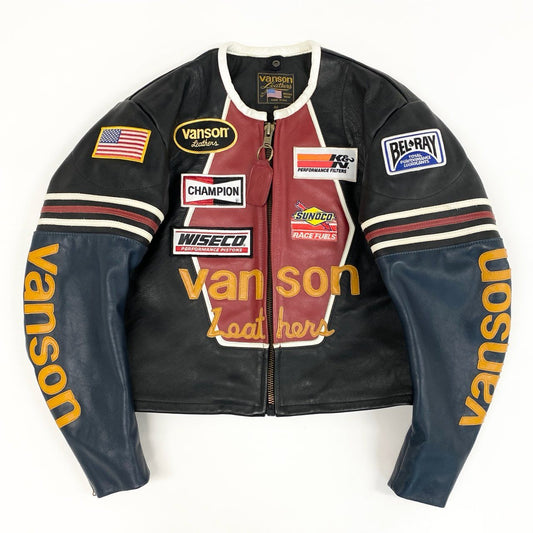 49f2 VANSON バンソン USA製 BOSTON MASS ワンスター シングルライダースジャケット レーシング ワッペン 42 ブラック マルチカラー レザー