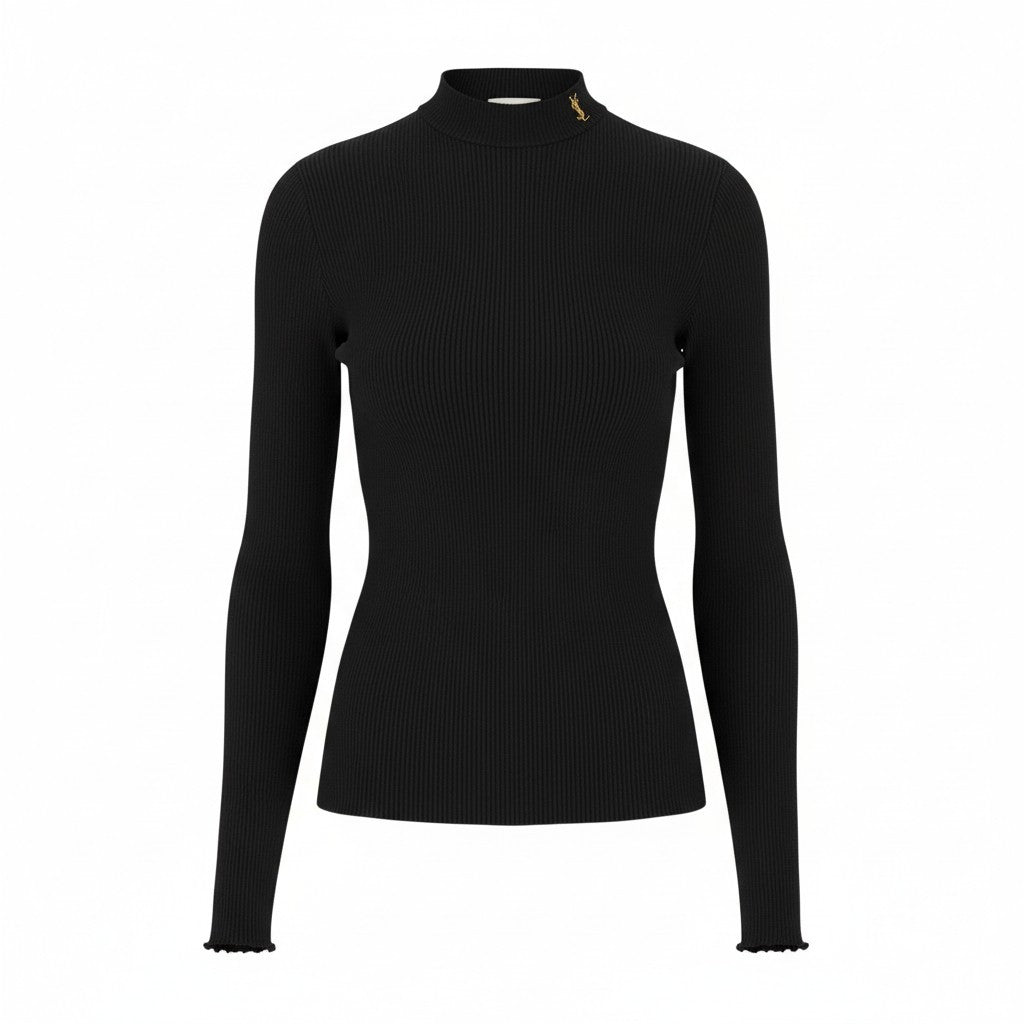 31b11【美品】SAINT LAURENT サンローラン 2023SS YSLロゴ リブニット シルクニットセーター Mサイズ ブラック シルク100％ レディース 女性用k02i