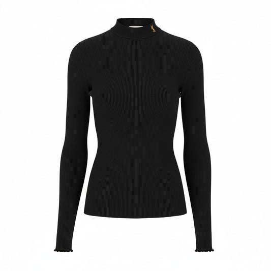 31b11【美品】SAINT LAURENT サンローラン 2023SS YSLロゴ リブニット シルクニットセーター Mサイズ ブラック シルク100％ レディース 女性用k02i