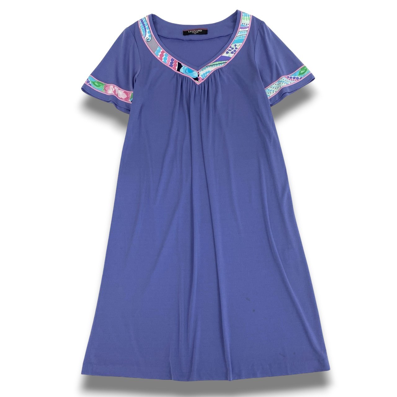 12b20 LEONARD レオナール カンカン素材 半袖ワンピース ロングワンピース 美しい花柄プリント L パープル レディースu02t