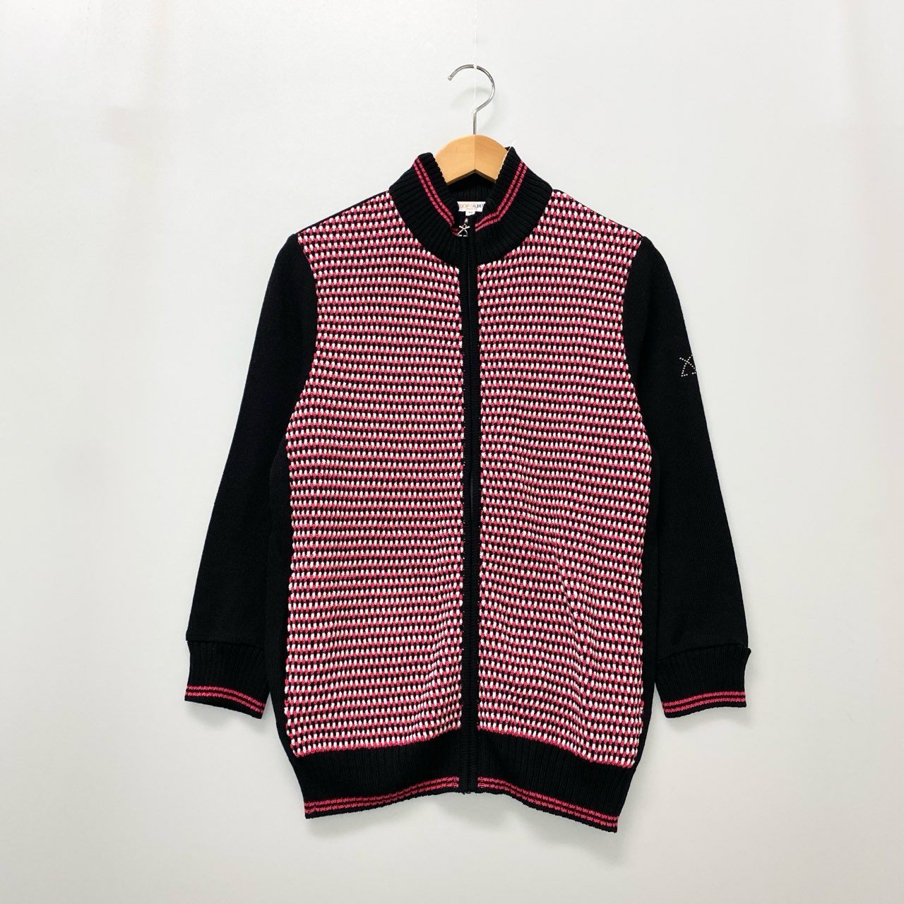 19b17 【美品】 LEONARD レオナール ニットカーディガン ハイネックセーター ファスナー チェック 42 ブラック レディース 女性用u02t