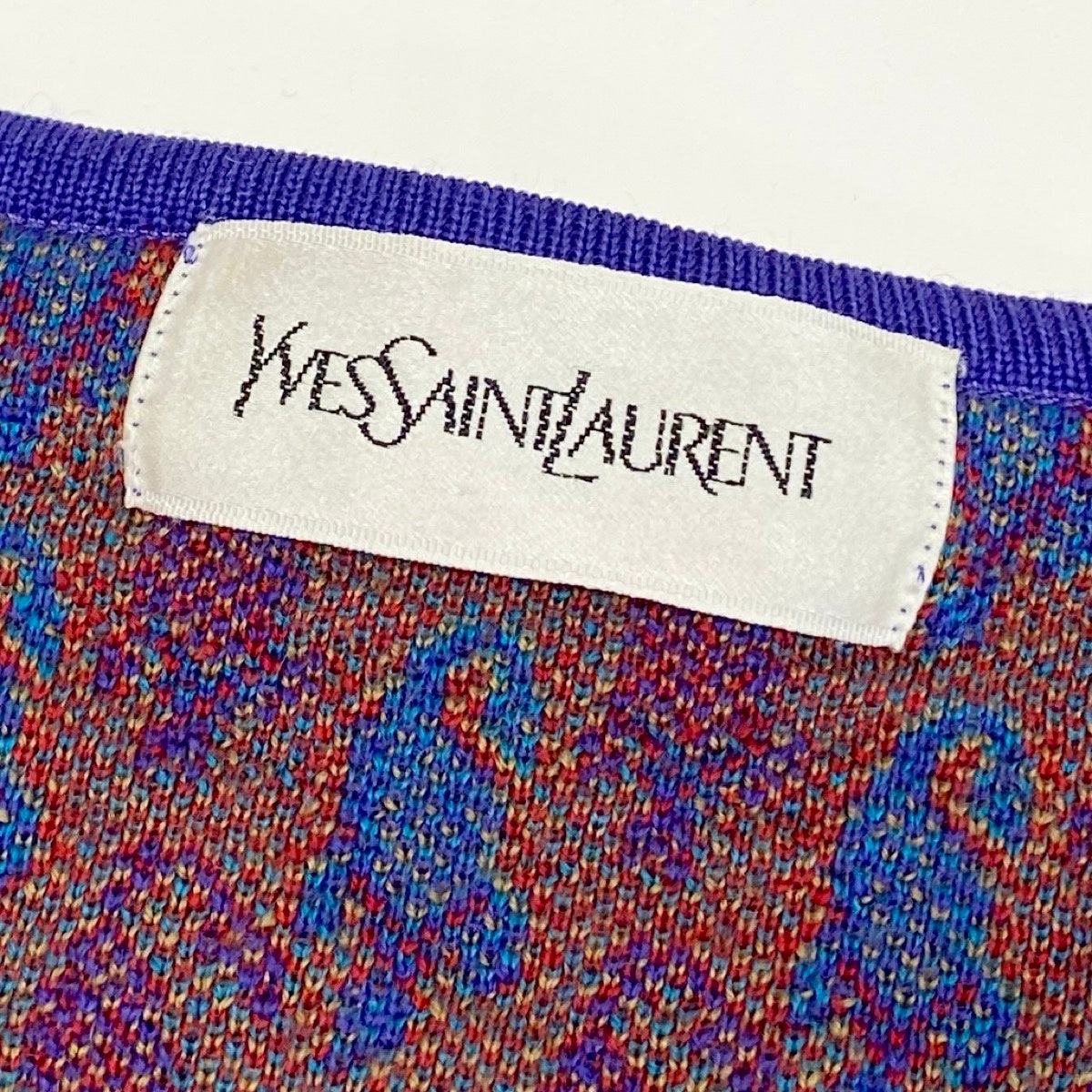 63f2 YVES SAINT LAURENT イヴサンローラン ロングニットカーディガン ウールニット 総柄  パープル ウール100％ レディース 女性服o07t