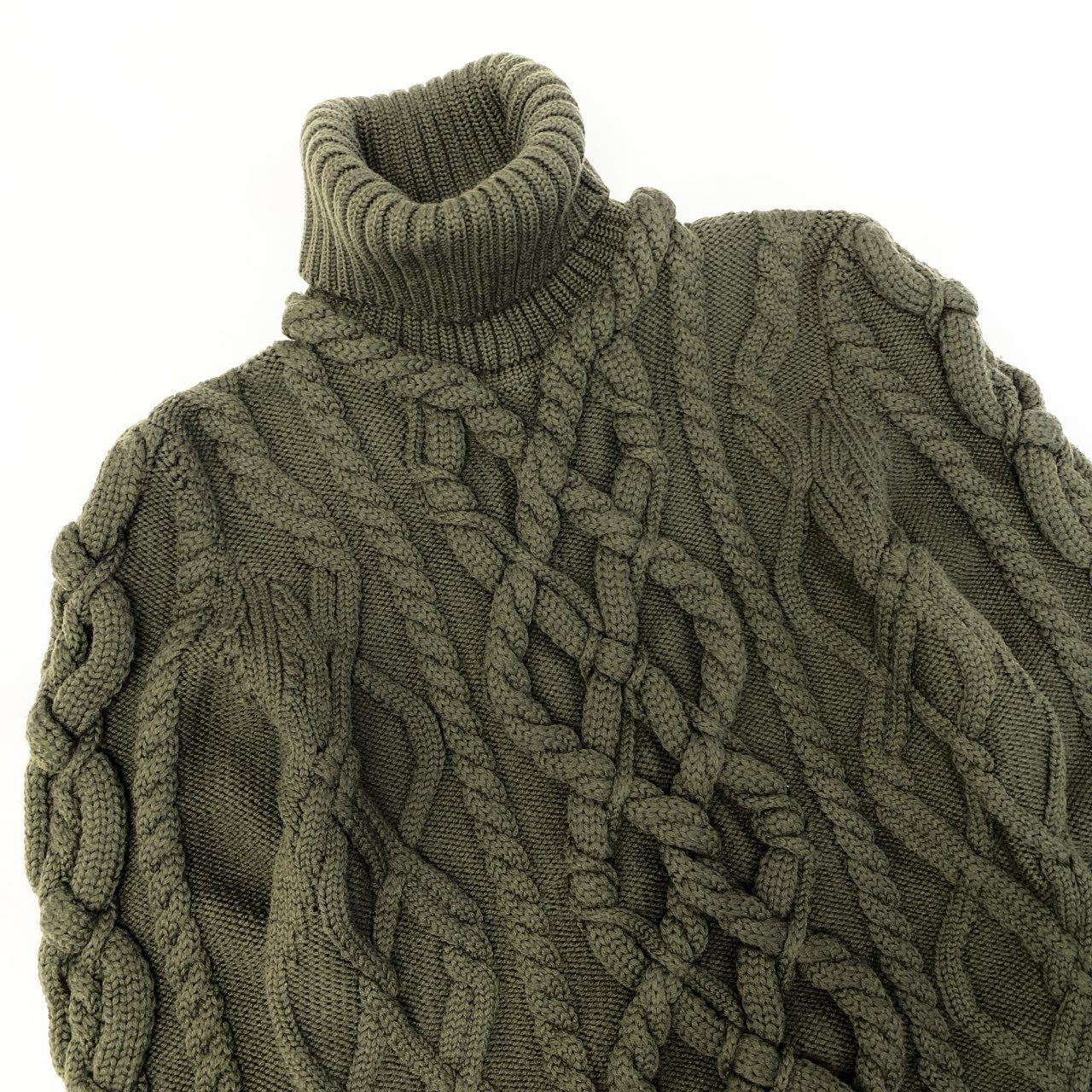 72a28【美品】Salvatore Ferragamo サルヴァトーレフェラガモ ケーブルニットセーター ハイネックニットセーター トップス Lサイズ カーキ ウール100％ レディース 女性用u02t