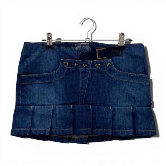 60b10 【美品】JEAN’S PAUL GAULIER ジャンポールゴルチエ デニムスカート プリーツスカート ウエストベルト 40サイズ インディゴブルー コットン100％ レディース 女性用u02t
