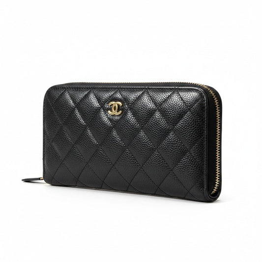 g9 《美品》 CHANEL シャネル マトラッセ キャビアスキン 長財布 Matelasse Caviar Leather Long Wallet ブラック 箱付t18r