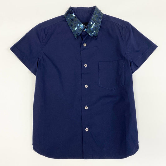 10F11 COMME des GARCONS tricot トリコ コムデギャルソン AD2001 襟スパンコールデザイン 半袖シャツ サイズM ネイビー レディース デザイナーズ