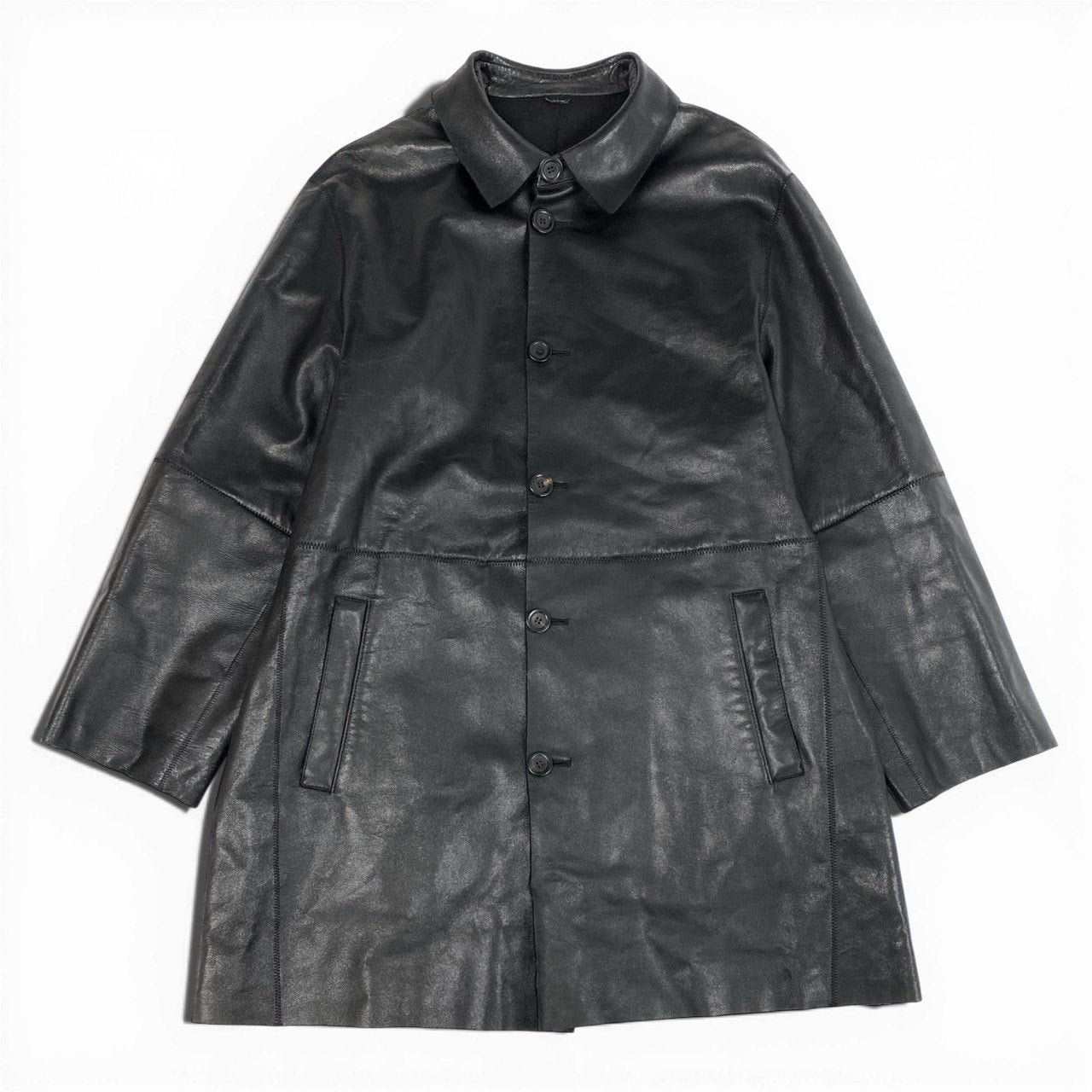 50a19 GIORGIO ARMANI ジョルジオアルマーニ レザージャケット ロングジャケット ステンカラーコート ラムレザー 羊革 本革 イタリア製 メンズ 紳士服 アウター ブラックu02t