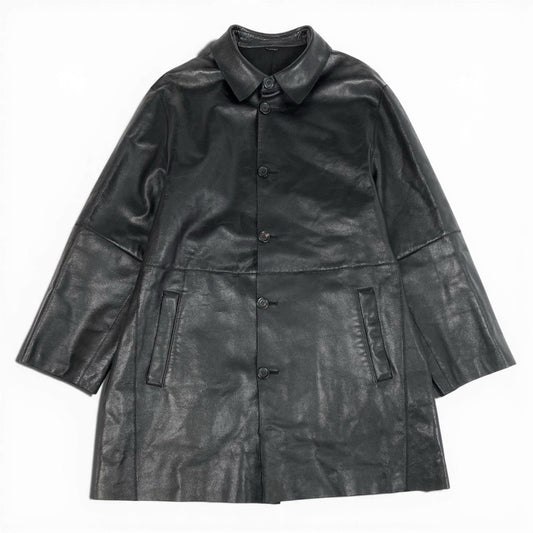 50a19 GIORGIO ARMANI ジョルジオアルマーニ レザージャケット ロングジャケット ステンカラーコート ラムレザー 羊革 本革 イタリア製 メンズ 紳士服 アウター ブラックu02t