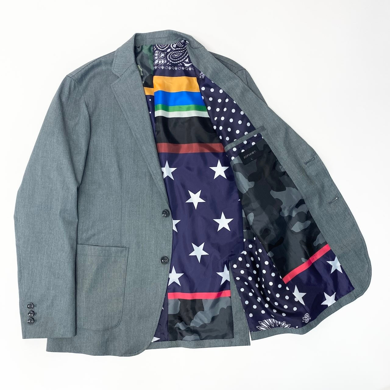 72c24《美品》 SOPHNET ソフネット カジュアルスーツ セットアップ 裏地総柄 L グレー メンズu02t