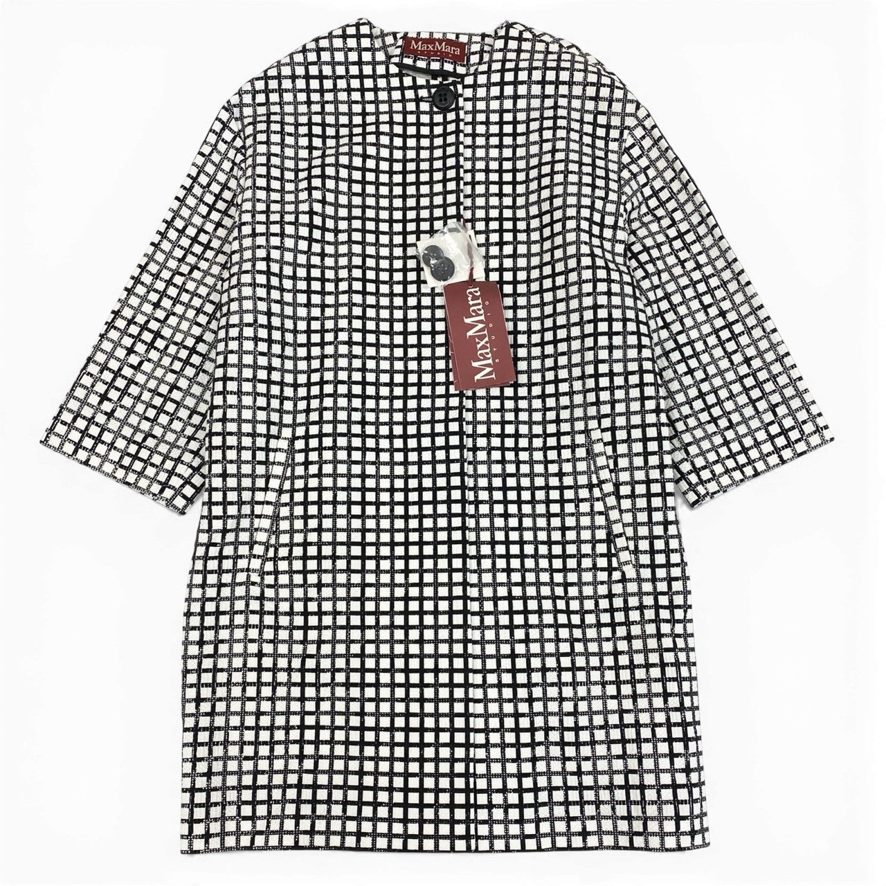 65a14【未使用】 Max Mara STUDIO マックスマーラ ノーカラー ロングコート スプリングコート 格子柄 レディース 女性用 サイズ40 ブラック ホワイト コットン100％u02t