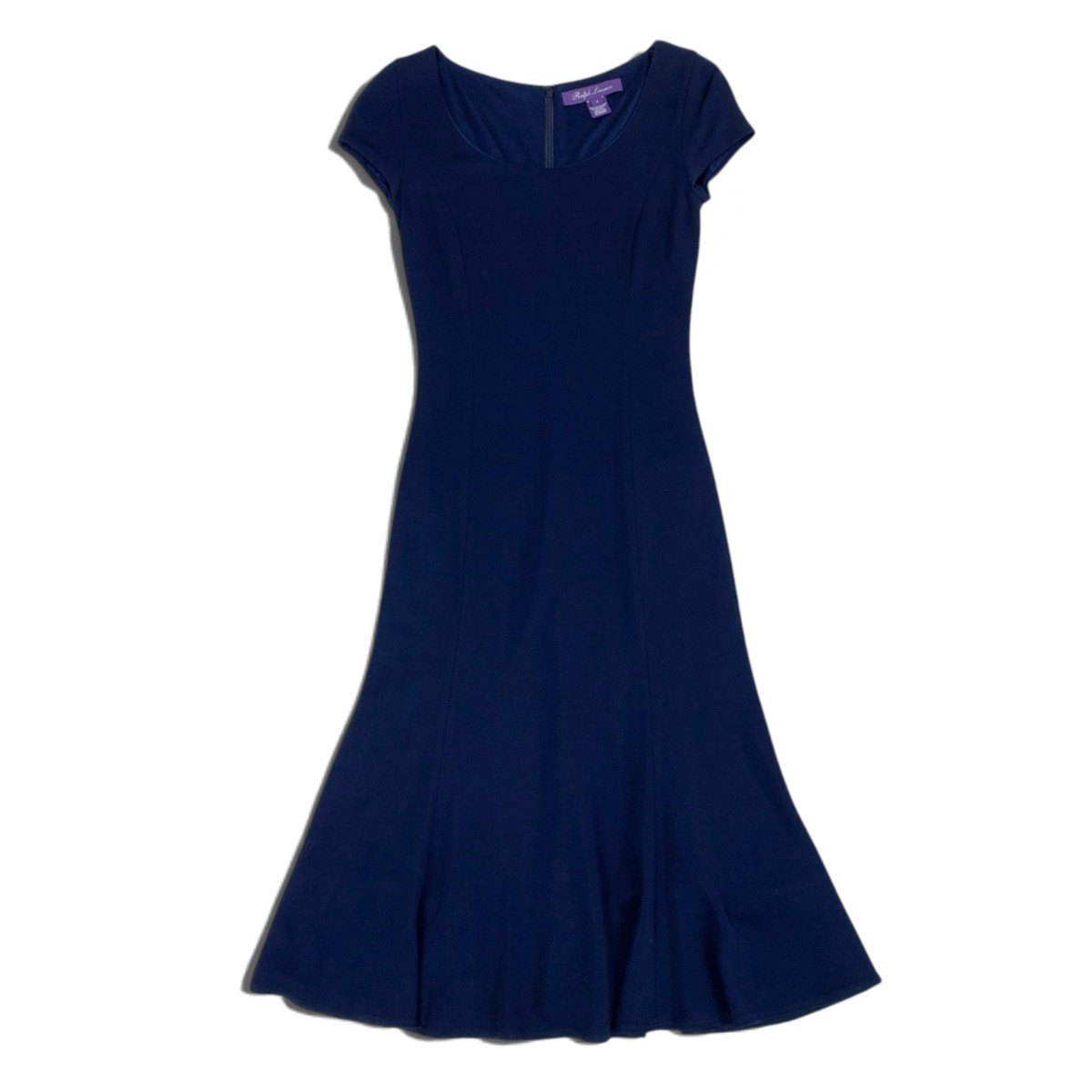 79j5 【美品】Ralph Lauren ラルフローレン 半袖ドレスワンピース ロングワンピース パープルレーベル ストレッチ 4サイズ ネイビー レディース 女性用u02t