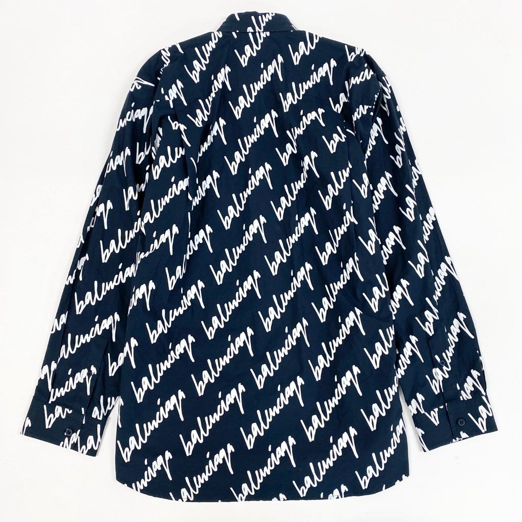 13l27【美品】BALENCIAGA バレンシアガ 長袖シャツ コットンシャツ 総柄 32サイズ ネイビー ホワイト コットン100％ ユニセックスk02i
