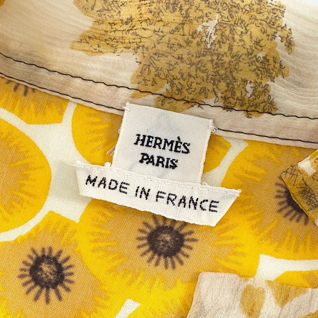 51f20 フランス製 HERMES エルメス ゴルチエ期 シャツワンピース チュニックワンピース 総柄プリント シルク切替 サイズ40 イエロー コットン レディース