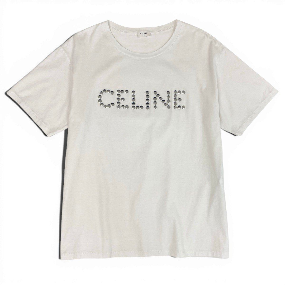 g19 CELINE セリーヌ スタッズロゴ ルーズフィット 半袖Tシャツ 2X50C671Q サイズL ホワイト コットン100％ メンズu02t