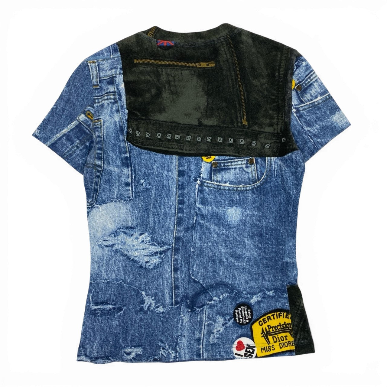 Ic6 Christian Dior クリスチャンディオール ガリアーノ期 デニム転写プリント 半袖Tシャツ カットソー 1A12055021 38 ブルー コットン レディースu02t