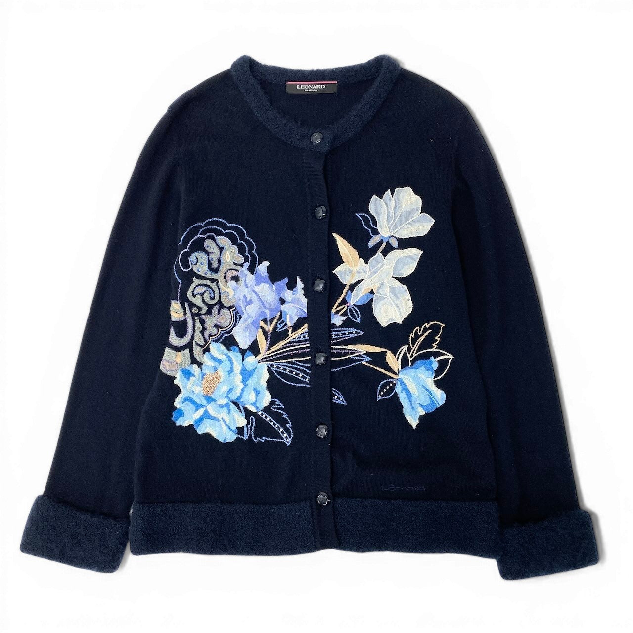 85d9 LEONARD FASHION レオナール ロングスリーブ ニットカーディガン 花柄刺繍 ラインストーン装飾 カシミヤ混 サイズ42 ネイビー レディース 女性用o07t