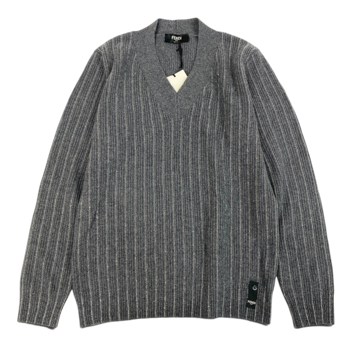 59i15 《極美品》 FENDI フェンディ チェーン装飾 Vネック ニット セーター トップス 46 グレー カシミヤ100 メンズu02t