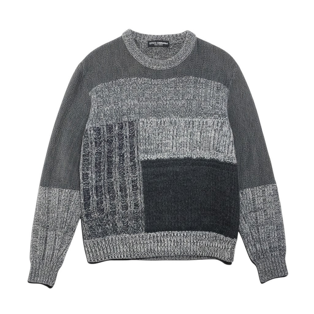 15e11 【美品】DOLCE&GABBANA ドルチェアンドガッパーナ ロングスリーブニットセーター 切替デザイン ツイード イタリア製 44サイズ グレー メンズ 男性用u02t