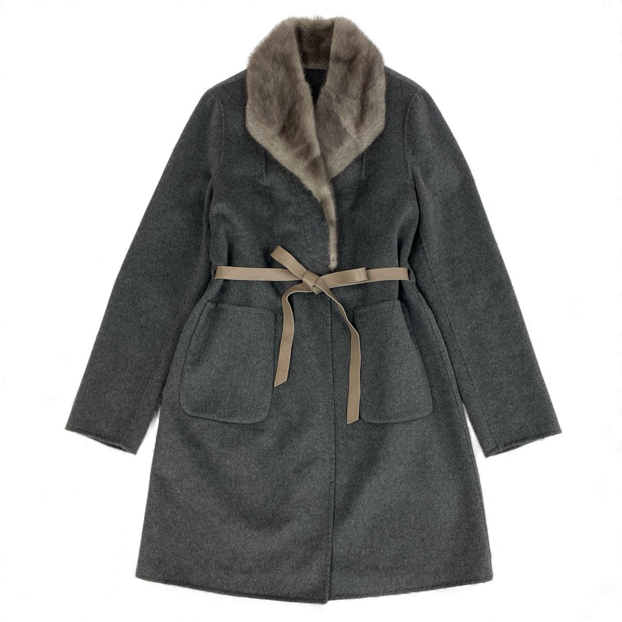 70L15 《美品》 azzurro ブルーアイリスミンク ミンクファー ベルテッドコート カシミヤ混 40 グレー ウールカシミヤ レディース 女性用u02t