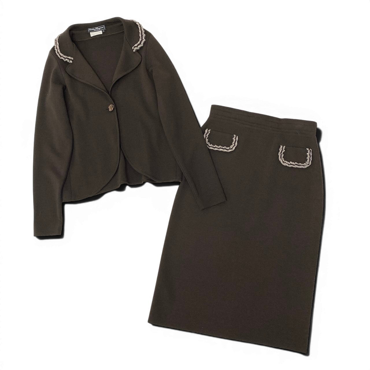 62e12 【美品】 Salvatore Ferragamo サルヴァトーレフェラガモ セットアップスカート ニットジャケット ニットスカート サイズL / M ブラウン ウール100％ レディース 女性用o07t