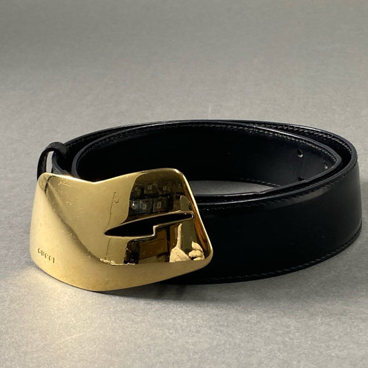 30f23 GUCCI グッチ ゴールドバックル レザーベルト ブラック イタリア製 Leather Belt