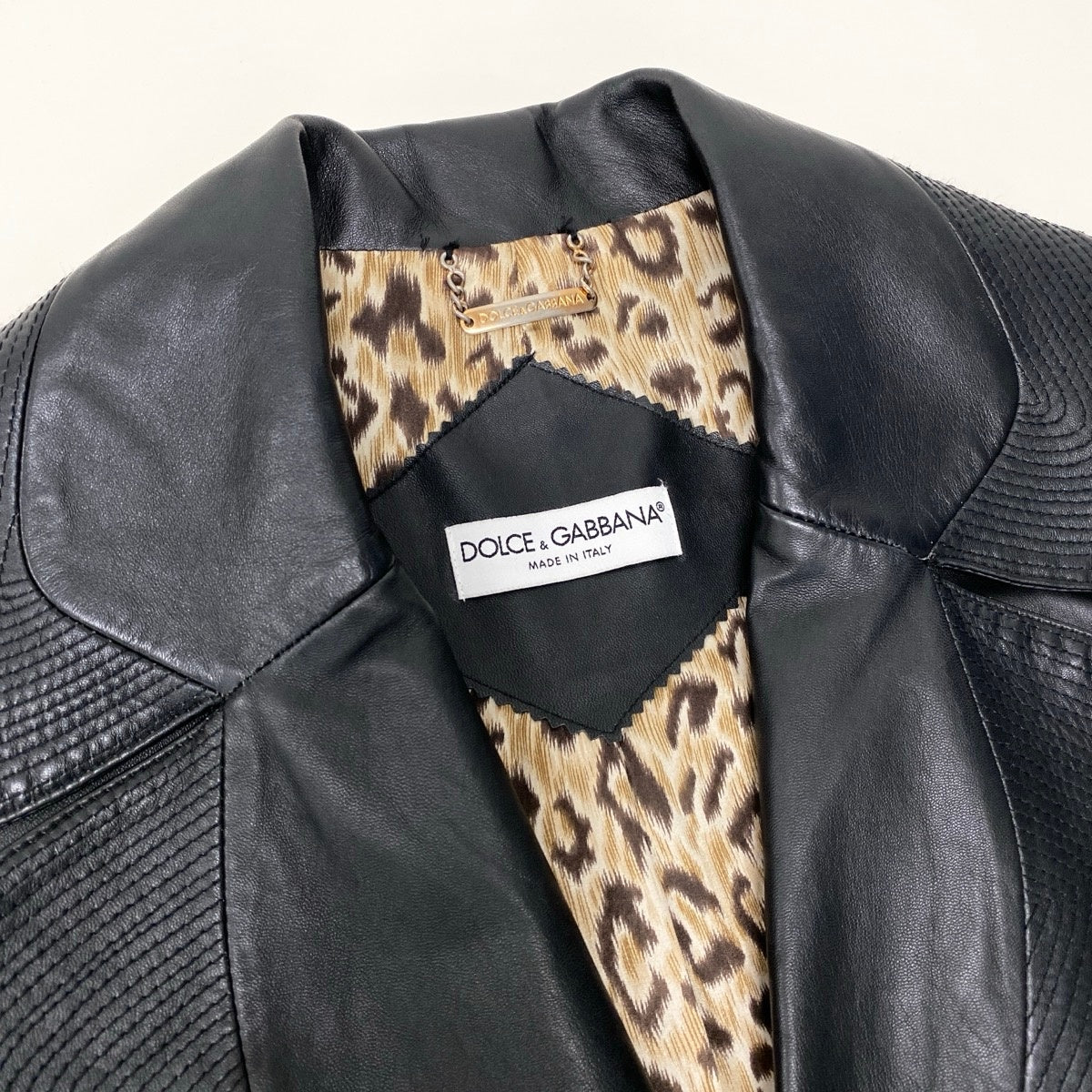 Eh1 DOLCE&GABBANA ドルチェアンドガッバーナ ラムレザーコート シルクレオパード Lambskin Leather Coat Silk Leopard Print Lining 42 ブラック ベルト付t18r