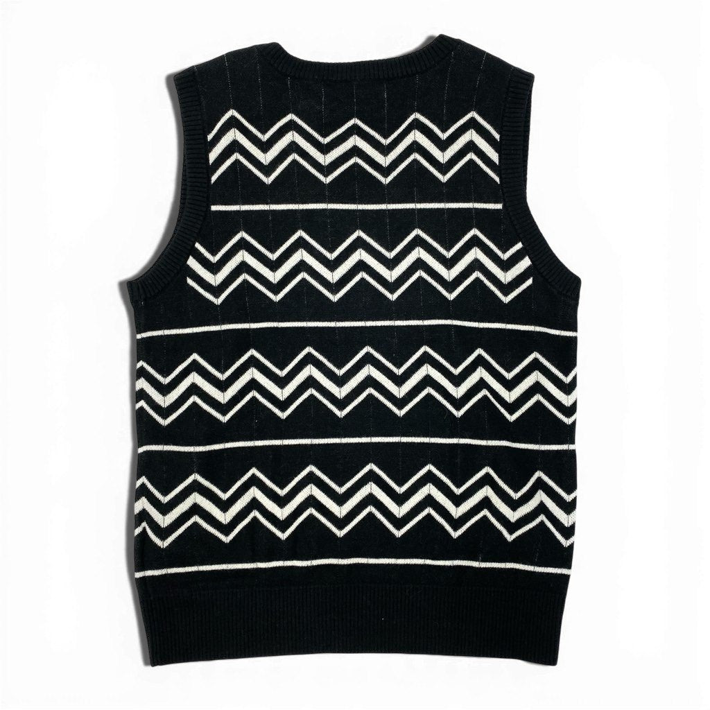 1a8 【未使用保管品】 LAUREN RALPH LAUREN ローレンラルフローレン ニットベスト ノースリーブニット Vネック シェブロン柄 モノトーン レディース M ブラック ホワイトu02t