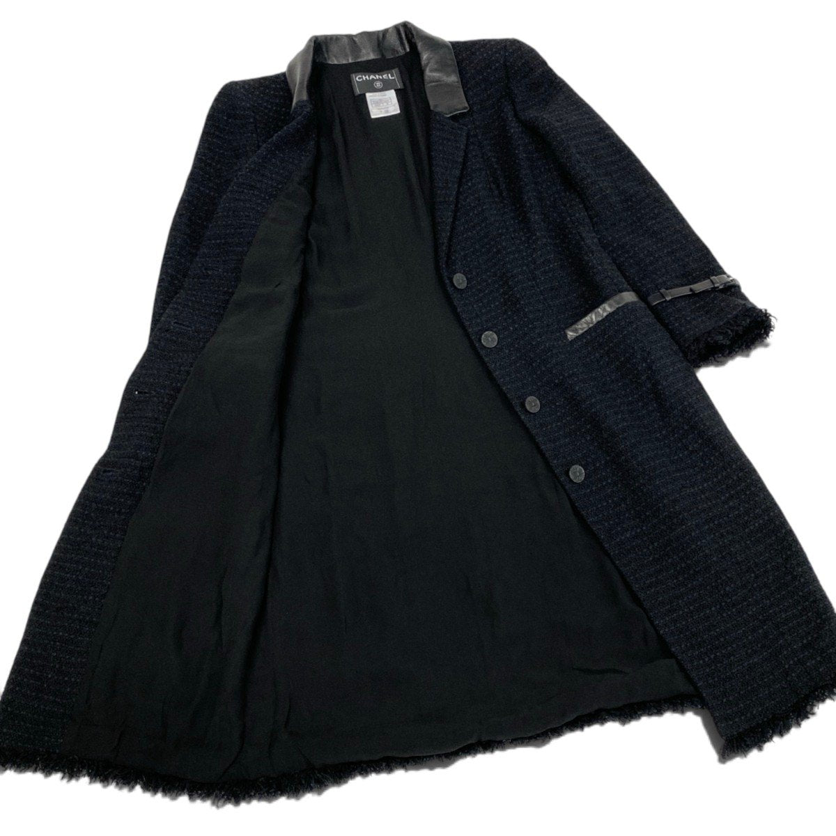 i22 CHANEL シャネル 04A レザー使い ツイードコート 04A Leather Trimmed Tweed Coat P23818 40 ブラックt18r