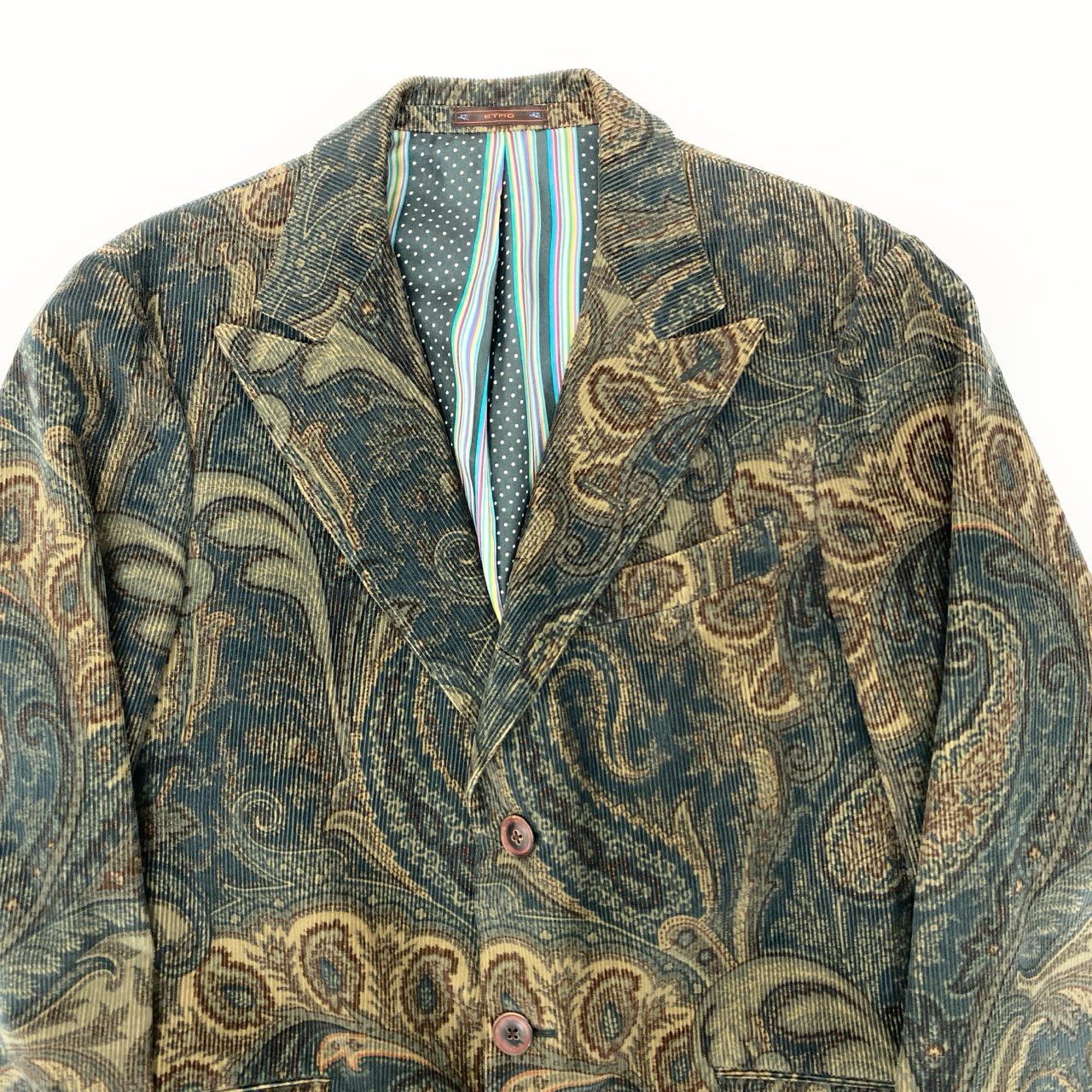 30K18 ETRO エトロ イタリア製 テーラードジャケット コーデュロイジャケット ペイズリー柄 裏地総柄 メンズ 紳士服 48 ダークグリーン系u02t