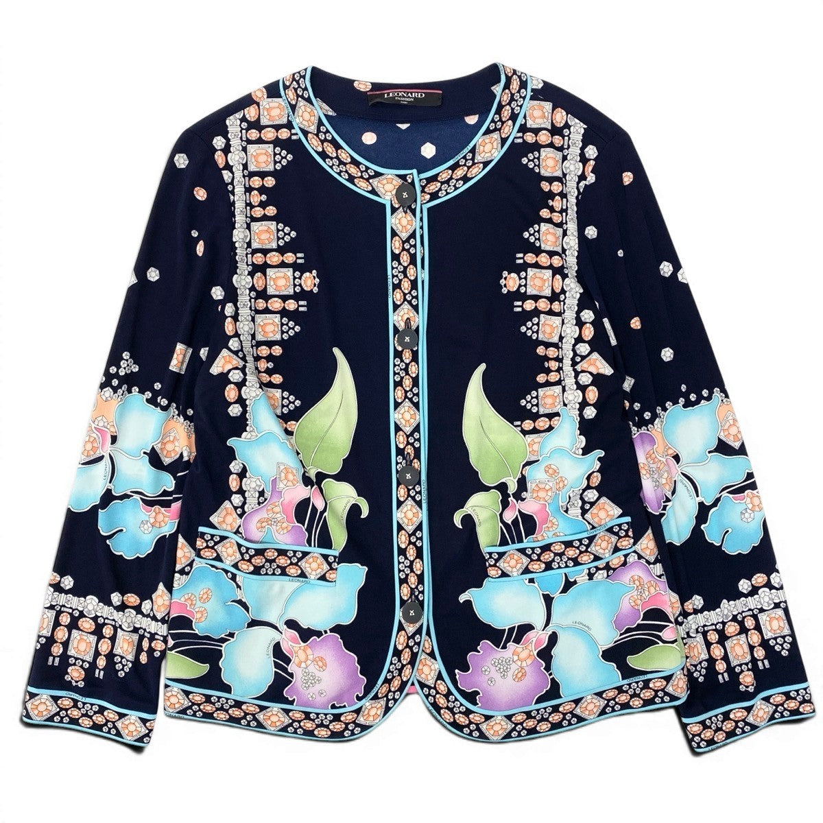 61e19 【美品】 LEONARD FASHION レオナール ロングスリーブカーディガン カンカン素材 総柄プリント ロゴボタン 0159418 サイズL ネイビー レディース 女性用u02t