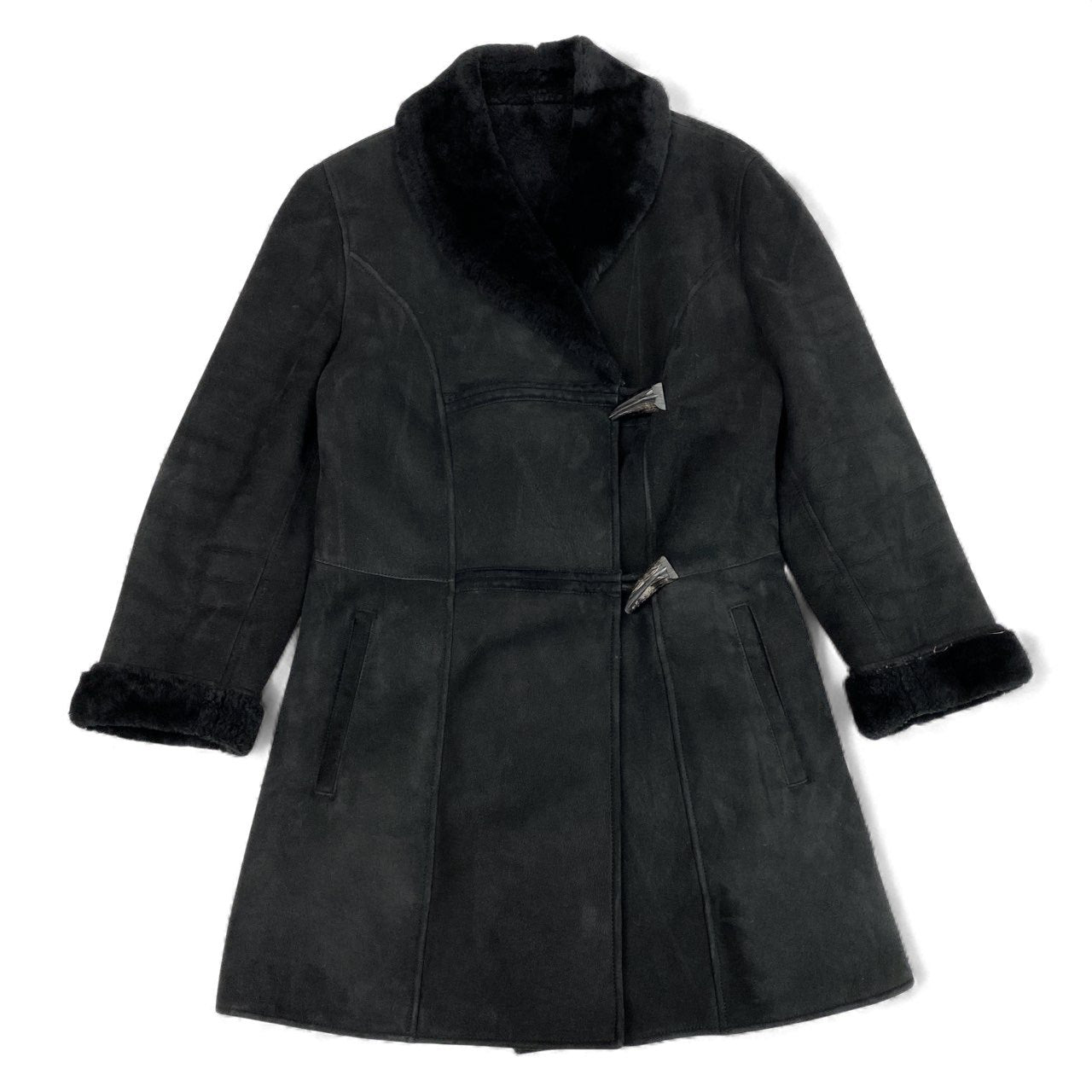 60L16 BALLY バリー ムートンコート レザーコート ダブル トグルボタン 42 ブラック リアルムートン レディース イタリア製u02t