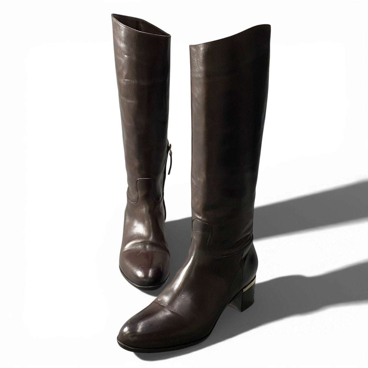 2a23 SARTORE サルトル ラウンドトゥ レザー ロングブーツ ミドルヒール サイドジップ イタリア製 レディース 女性用 サイズ38 ブラウン leatheru02t