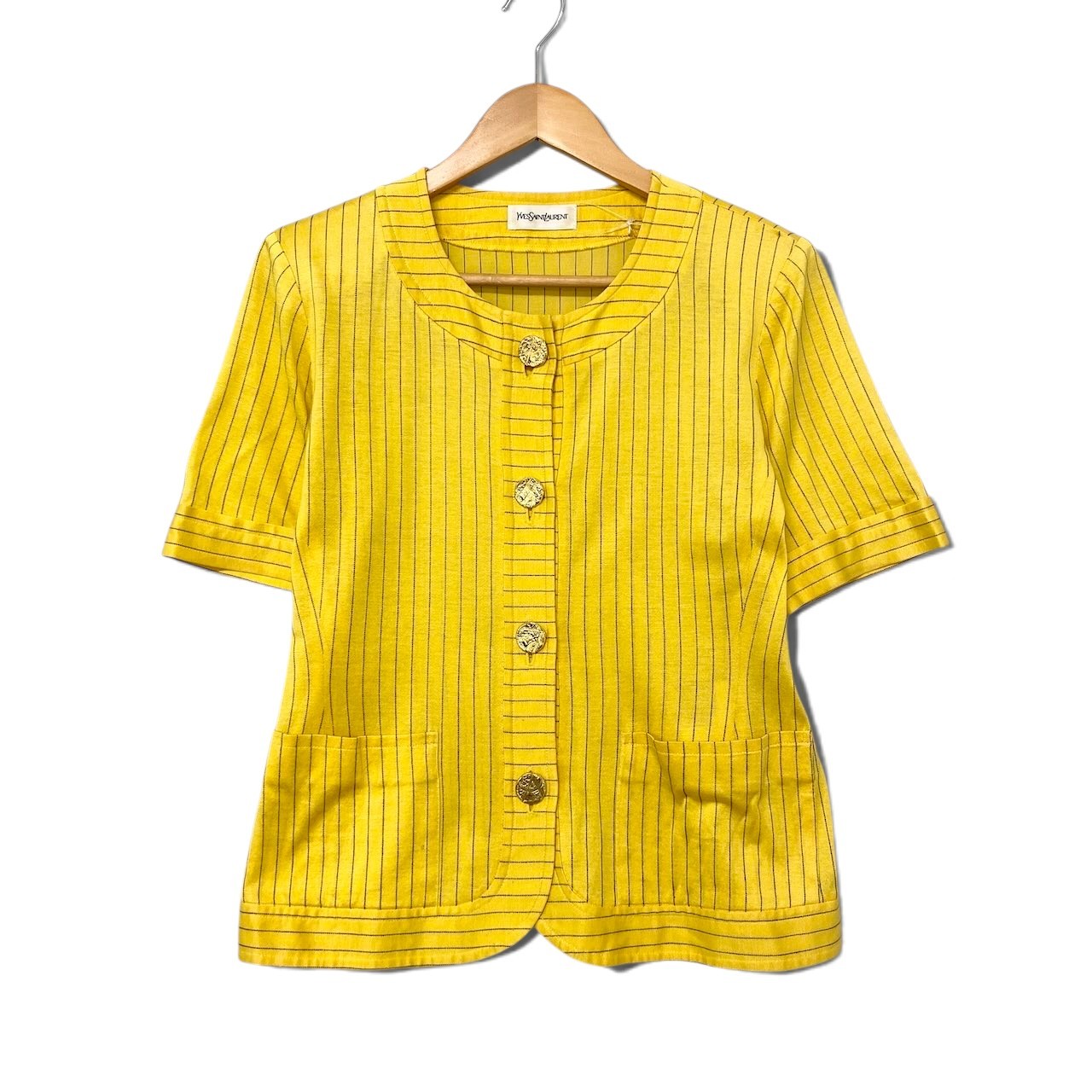 80i10 YVES SAINT LAURENT イヴサンローラン 半袖シャツ シャツジャケット 金ボタン ストライプ柄 サイズM イエロー コットン100％ レディースo07t
