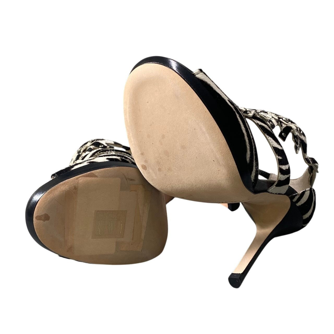 e13 JIMMY CHOO ジミーチュウ オープントゥ ヒールパンプス ハラコ ゼブラ柄 スタッズ ハイヒール 36 1/2 ブラック ホワイト レディース 女性用k02i