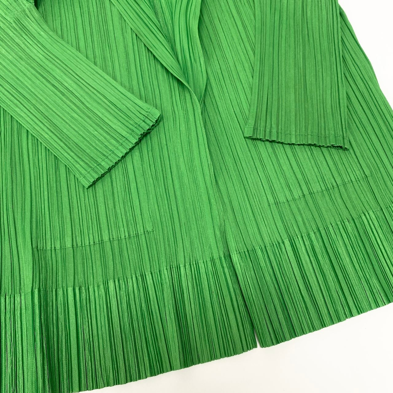 Ae26 PLEATS PLEASE プリーツプリーズ フロントオープン ロングカーディガン 七分袖 PP53-JA141 サイズ2 グリーン ポリエステル100％ レディース 女性服u02t