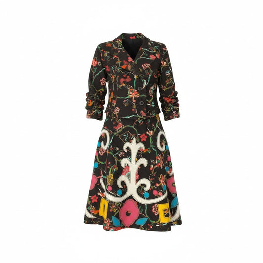 4k23 Christian Lacroix クリスチャンラクロワ セットアップスカート ダブルブレストジャケット フレアスカート 総柄 フェルトワッペン リネン混 レディース  42 ブラウンu02t