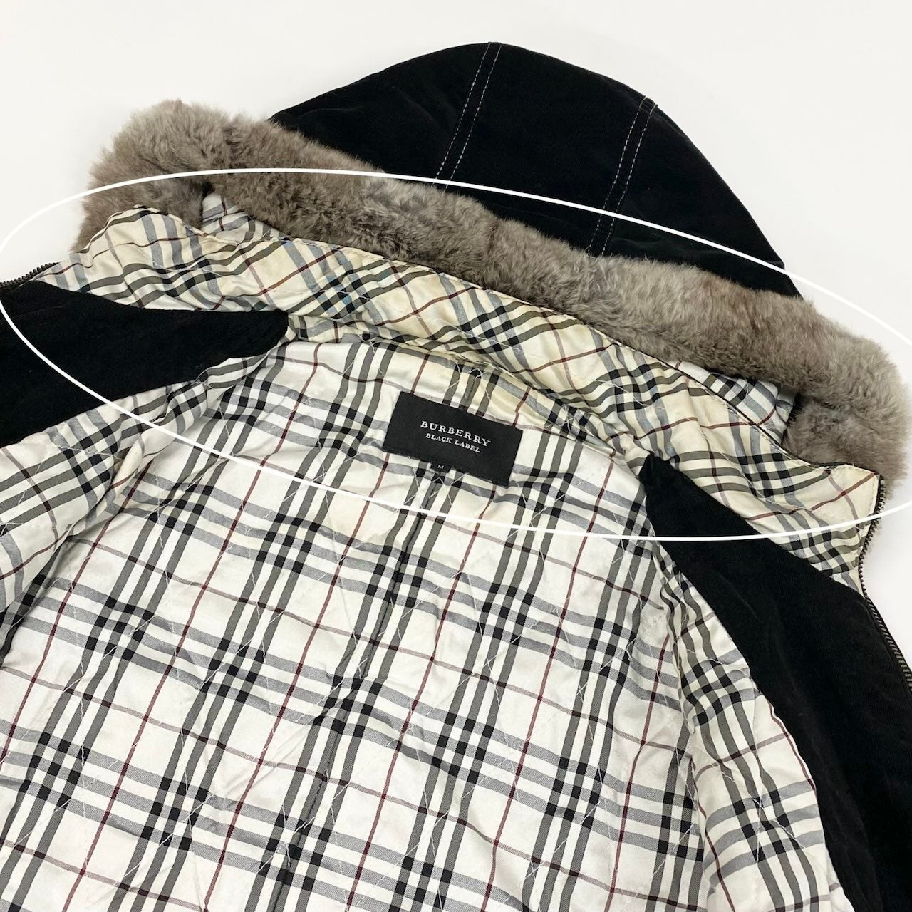 4d16 BURBERRY BLACK LABEL バーバリー ブラックレーベル 中綿 レザージャケット フーデッドジャケット 2way コーデュロイ切替 ラビットファー サイズM ブラック メンズ 紳士服u02t