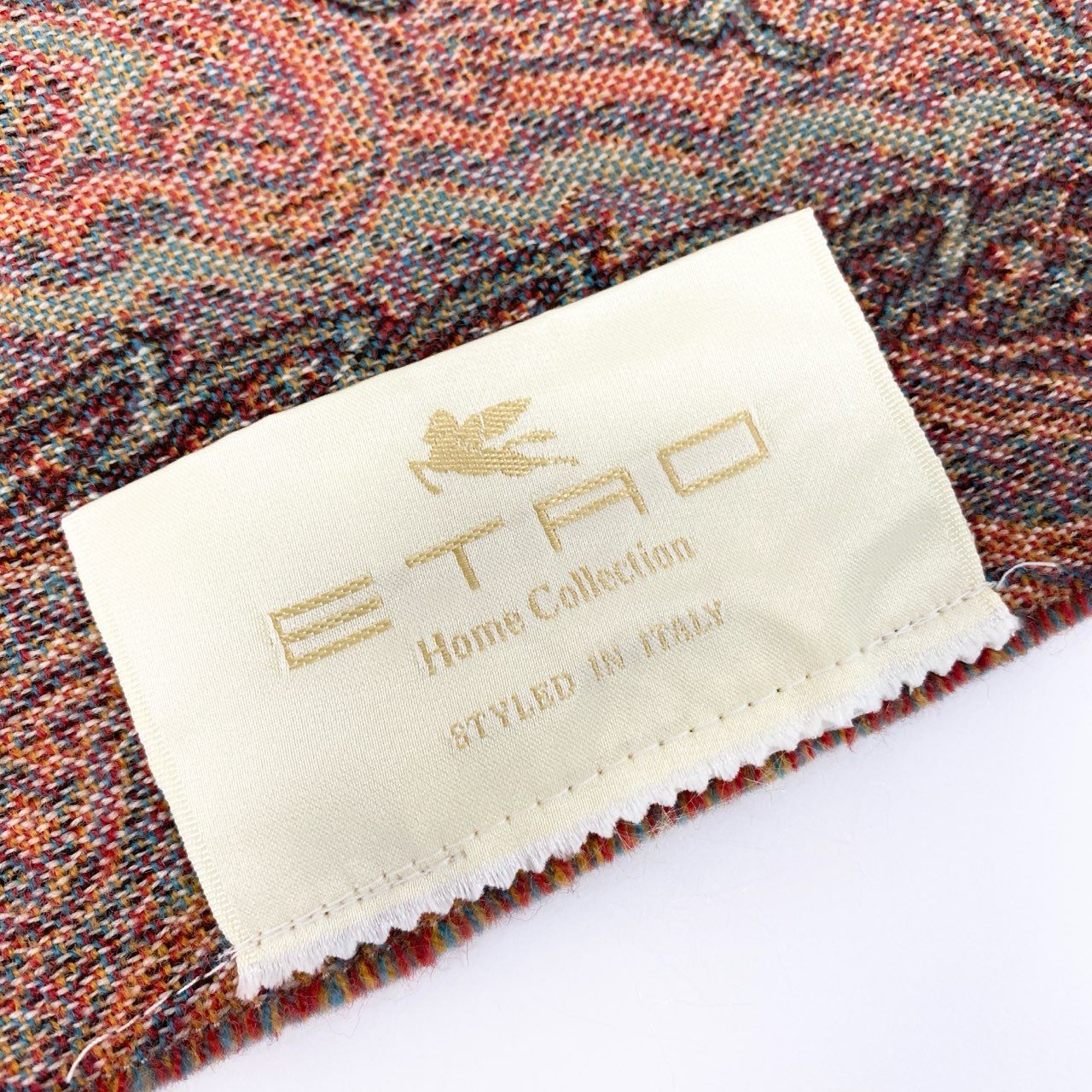 66l1 ETRO Home Collection  エトロ ホームコレクション イタリア製 ひざ掛け ブランケット ペイズリー柄 織り模様 フリンジ マルチカラー ウール100％u02t