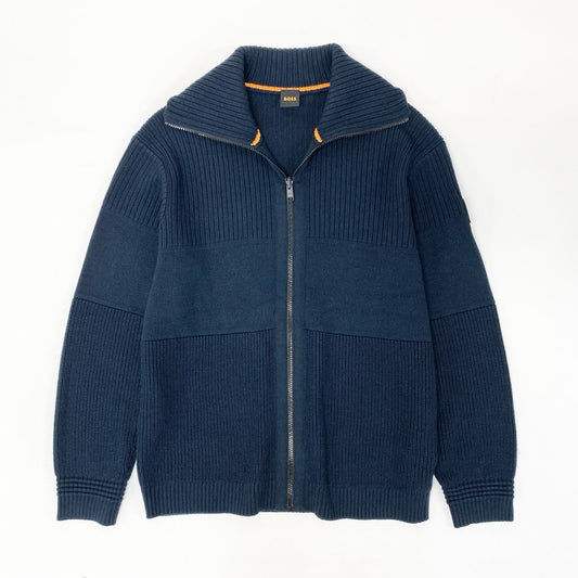 71i26 HUGO BOSS ヒューゴボス ドライバーズニット ジャケット XL ネイビー ロゴパッチ カーディガン 紳士服t18r