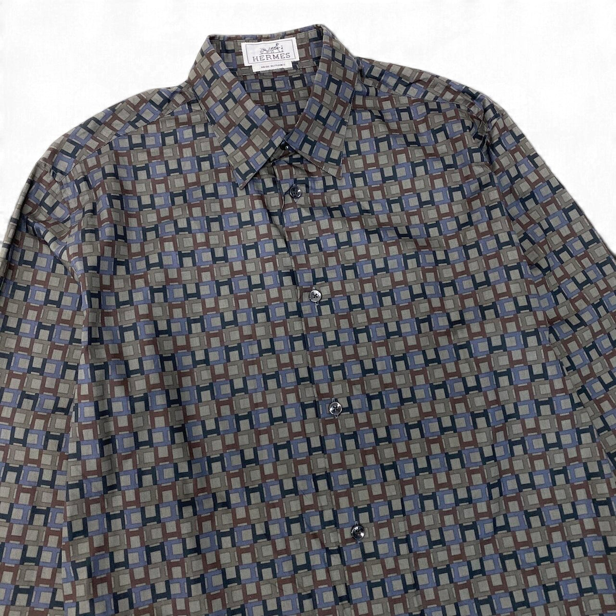 21j16 【極美品】 Hermès エルメス ロングスリーブ セリエシャツ 総柄 サイズ39-15 1/2 グレー系 コットン100％ メンズu02t