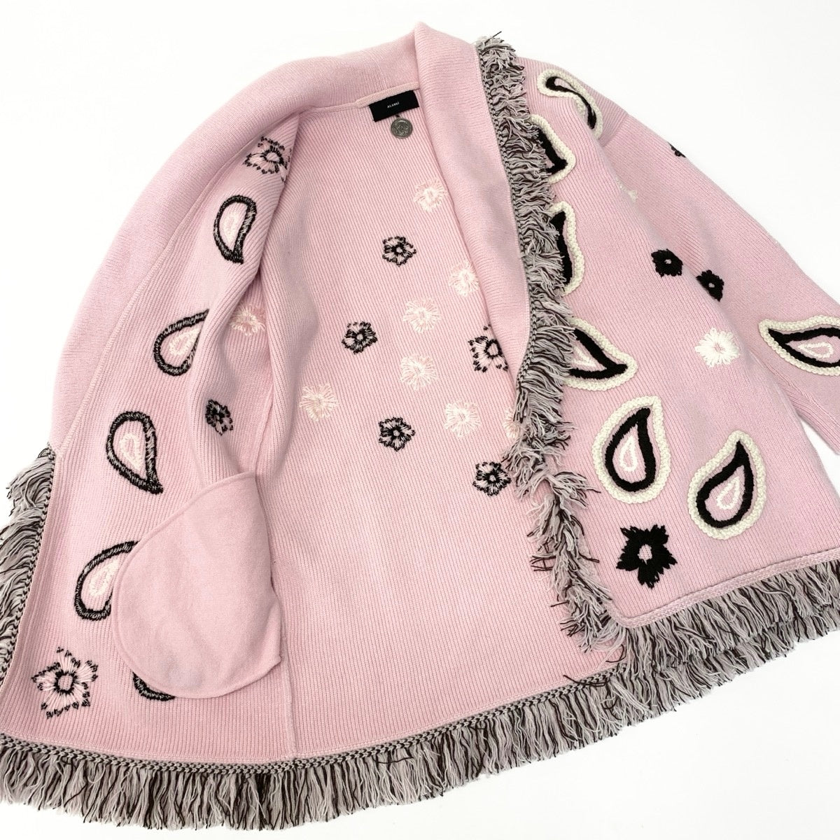 45e13 ALANUI アラヌイ バンダナ柄カーディガン カシミヤカーディガン フリンジ XSサイズ ピンク カシミヤ100％ レディース 女性用u02t