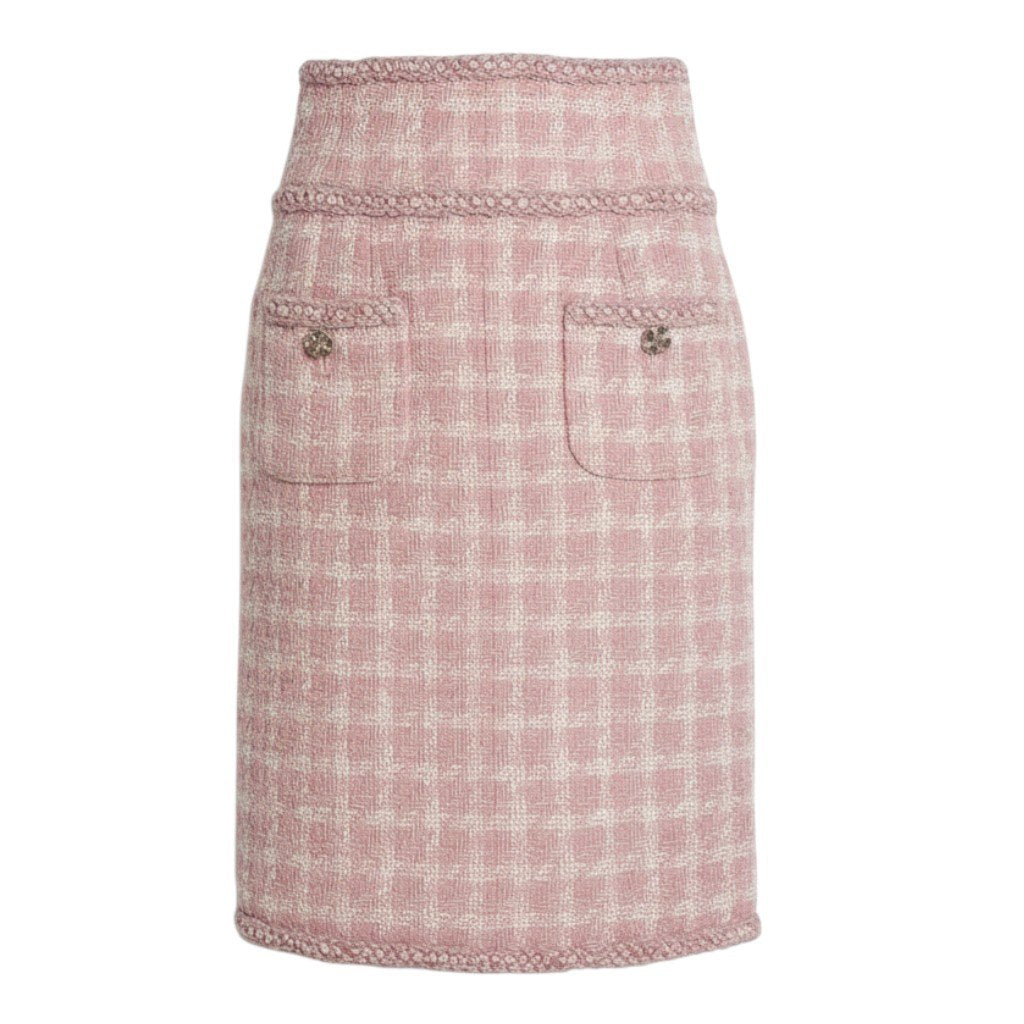 60a14 CHANEL シャネル 2014 collection P50302 グリポア ツイードトリムスカート ダブルジップ サイズ34 ピンク レディースta1